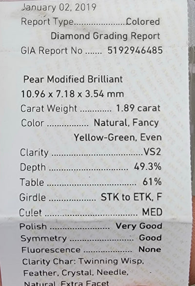 1.89ct Fancy Yellow Green Pear VS2 GIA