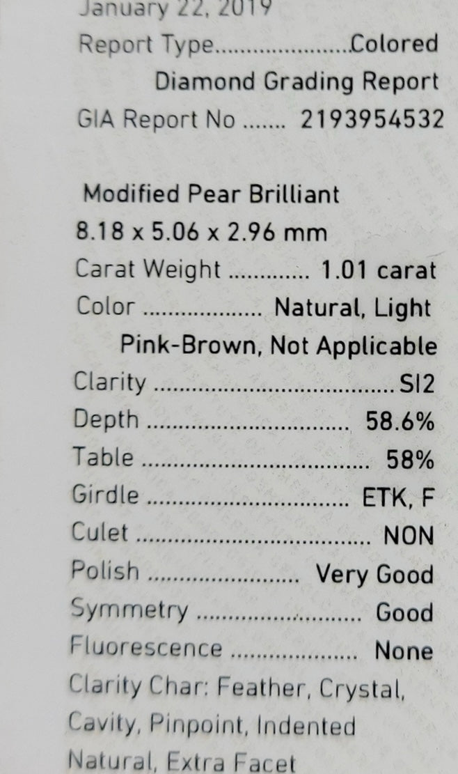 1.01ct Light Pink-Brown Pear SI2 GIA