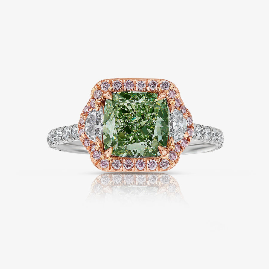 1.87ct Fancy Yellowish Green Cushion Diamond Ring VS2 GIA