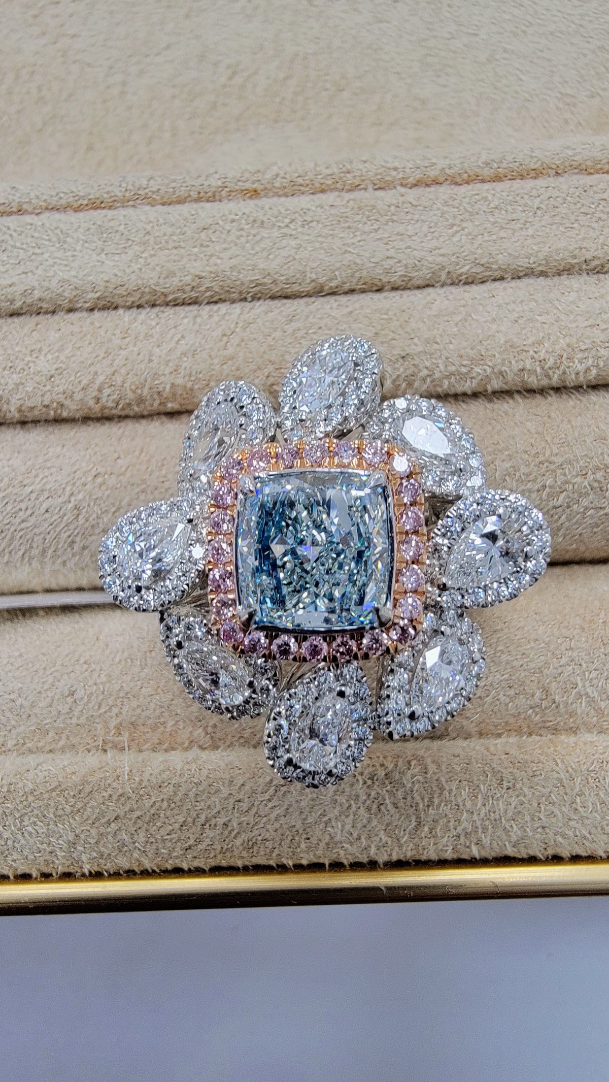 1.67ct Fancy Light Bluish Green Cushion Diamond Cocktail Ring SI1 GIA