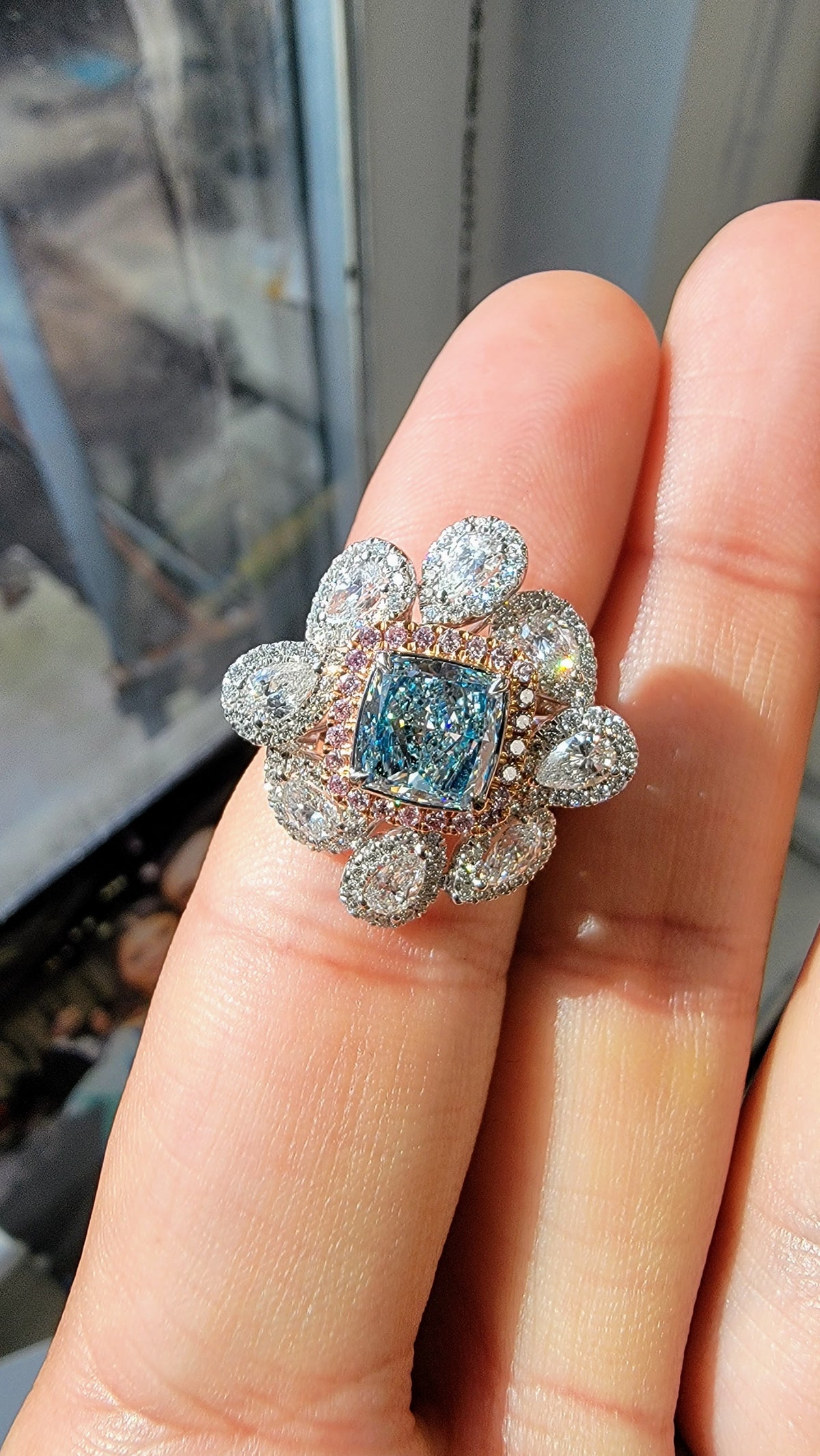 1.67ct Fancy Light Bluish Green Cushion Diamond Cocktail Ring SI1 GIA