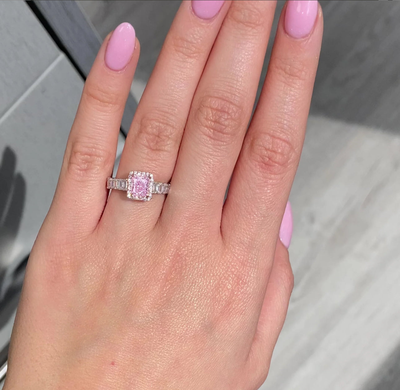 1.09ct Light Pink Elongated Radiant VS2 GIA Ring