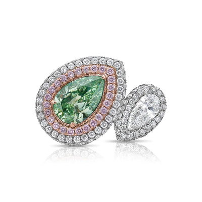 Green and White Pear Diamond Bypass Ring