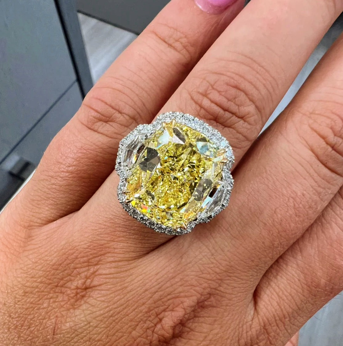 13.30ct Fancy Intense Yellow Elongated Cushion Internally Flawless GIA Ring