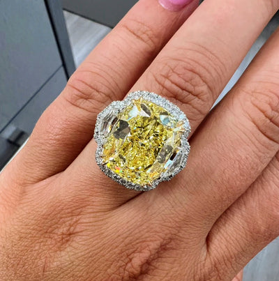 13.30ct Fancy Intense Yellow Elongated Cushion Internally Flawless GIA Ring