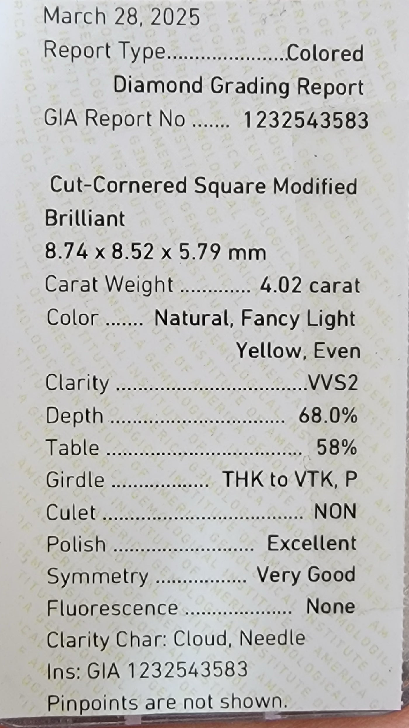 4.02ct Fancy Light Yellow Radiant VVS2 GIA