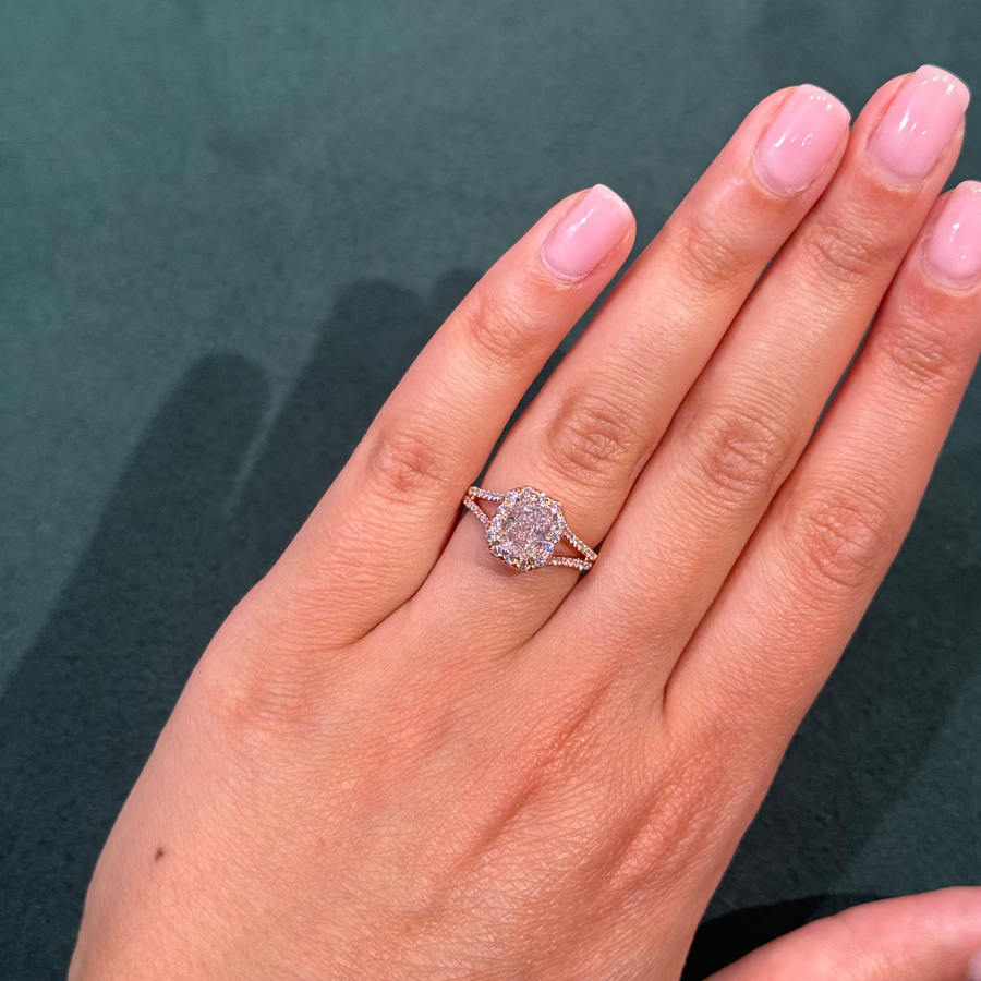 1.11ct Light Pink Radiant Diamond Split Shank Halo Ring VS2 GIA