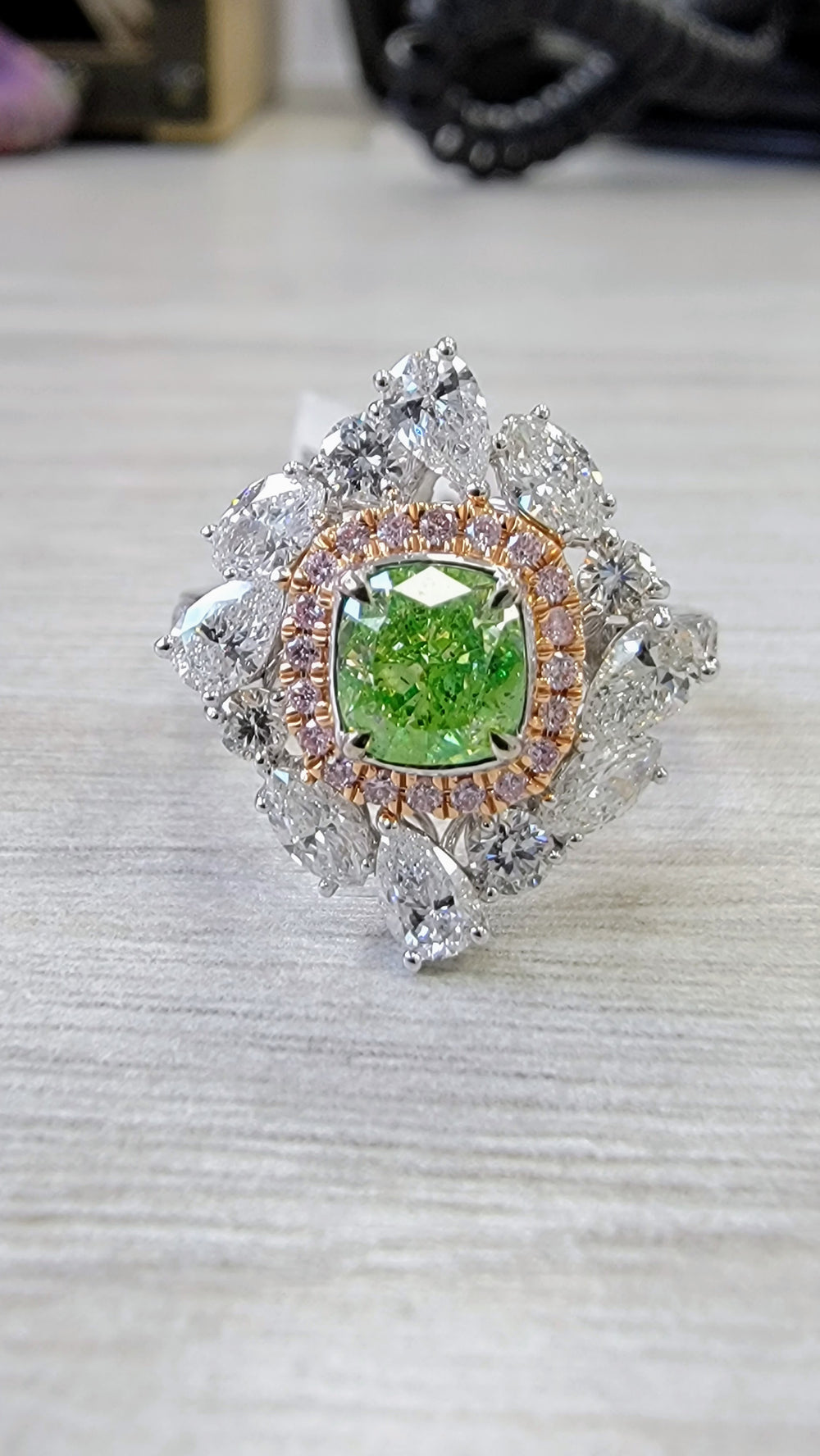 1.03ct Fancy Intense Yellow Green NEON Cushion Diamond Cocktail Ring I1 GIA
