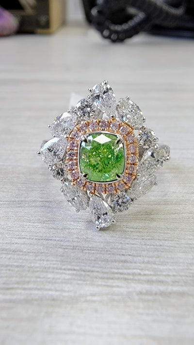 1.03ct Fancy Intense Yellow Green NEON Cushion I1 GIA Cocktail Ring