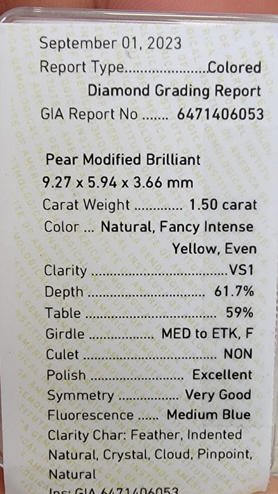 1.50ct Fancy Intense Yellow Pear VS1 GIA