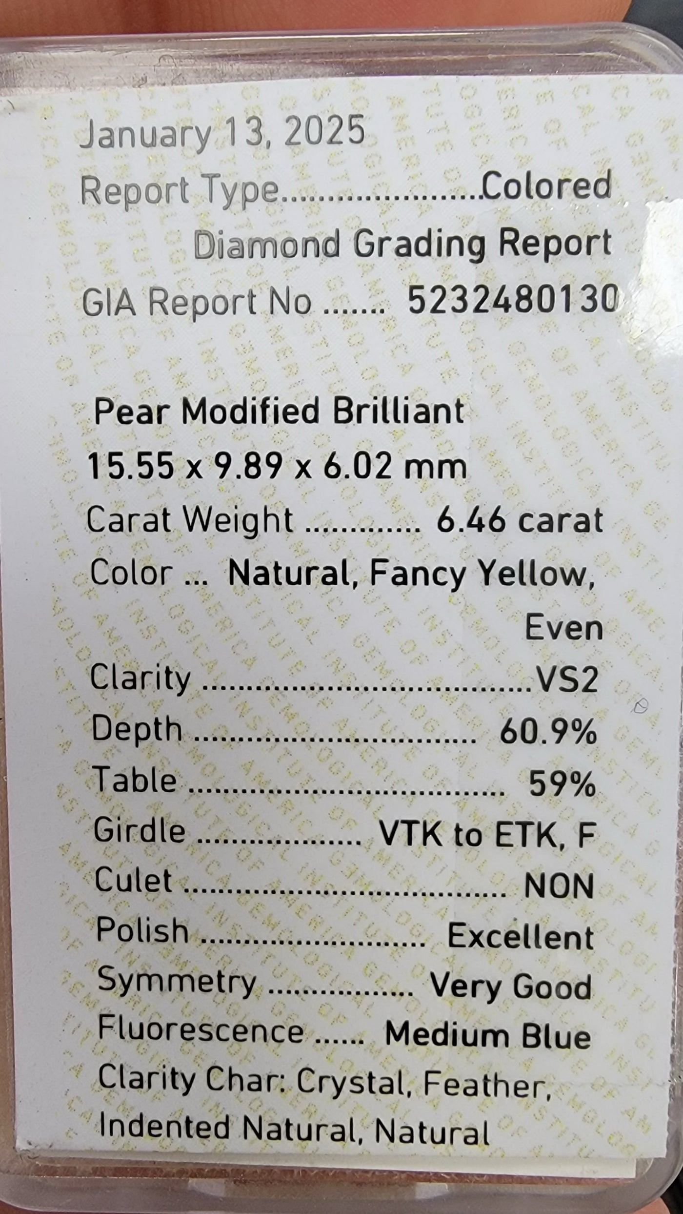 6.46ct Fancy Yellow Pear VS2 GIA