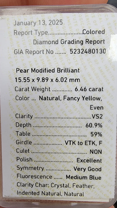 6.46ct Fancy Yellow Pear VS2 GIA