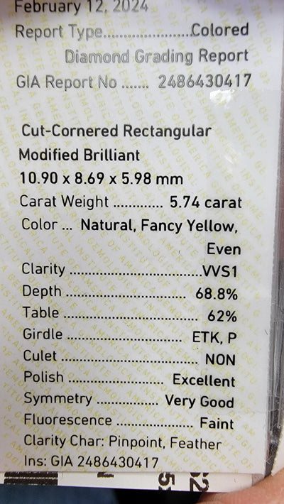 5.74ct Fancy Yellow Elongated Radiant VVS1 GIA