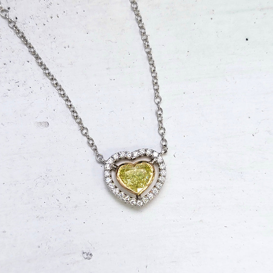1.02ct Fancy Intense Greenish Yellow NEON Heart Diamond Pendant VS2 GIA