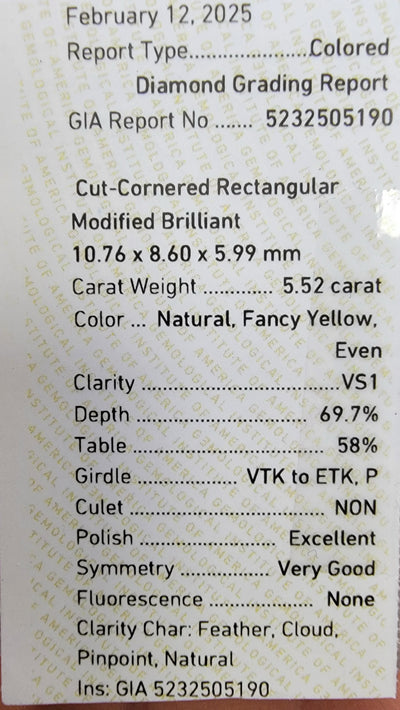 5.52ct Fancy Yellow Elongated Radiant VS1 GIA
