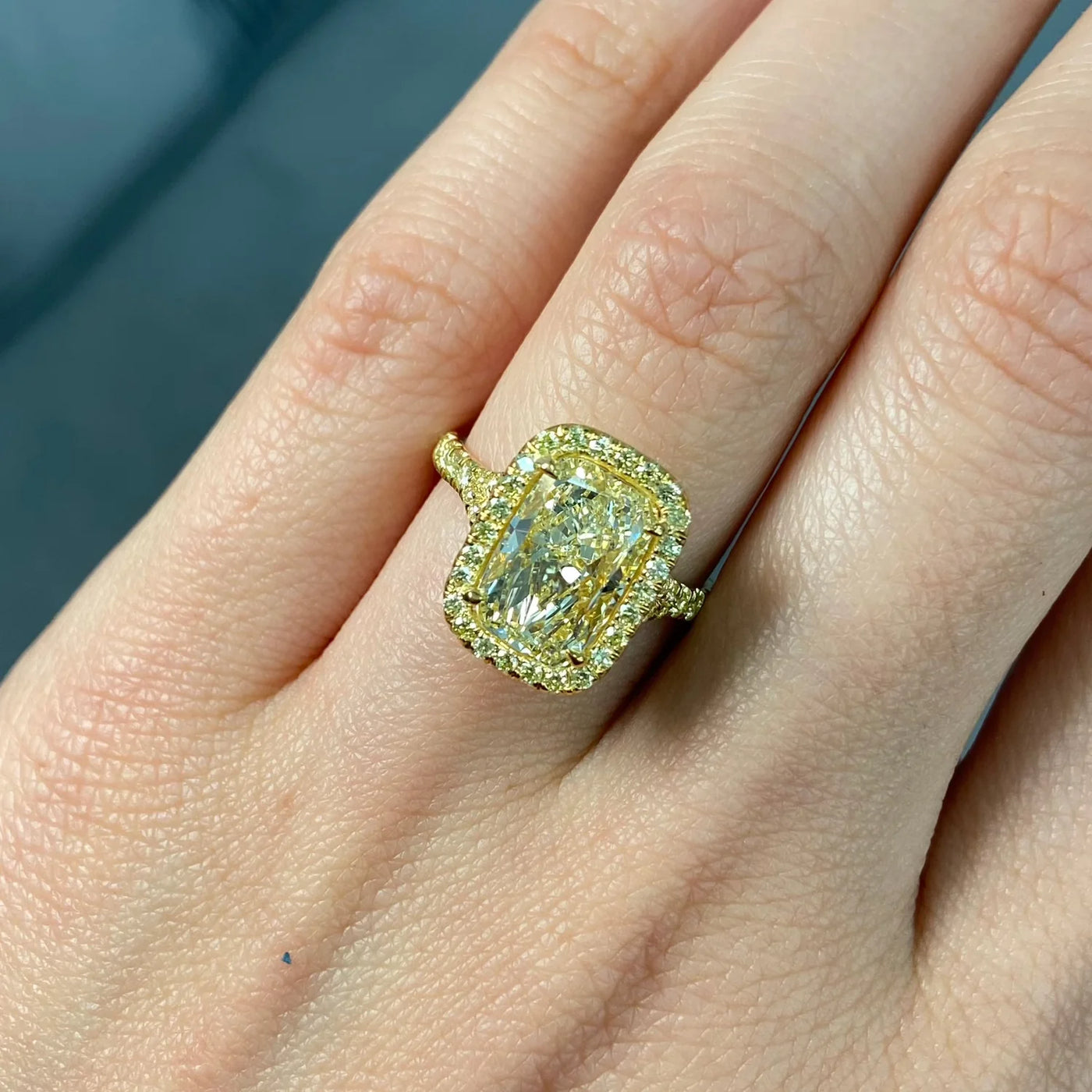 3.32ct Light Yellow Elongated Cushion SI1 GIA Ring