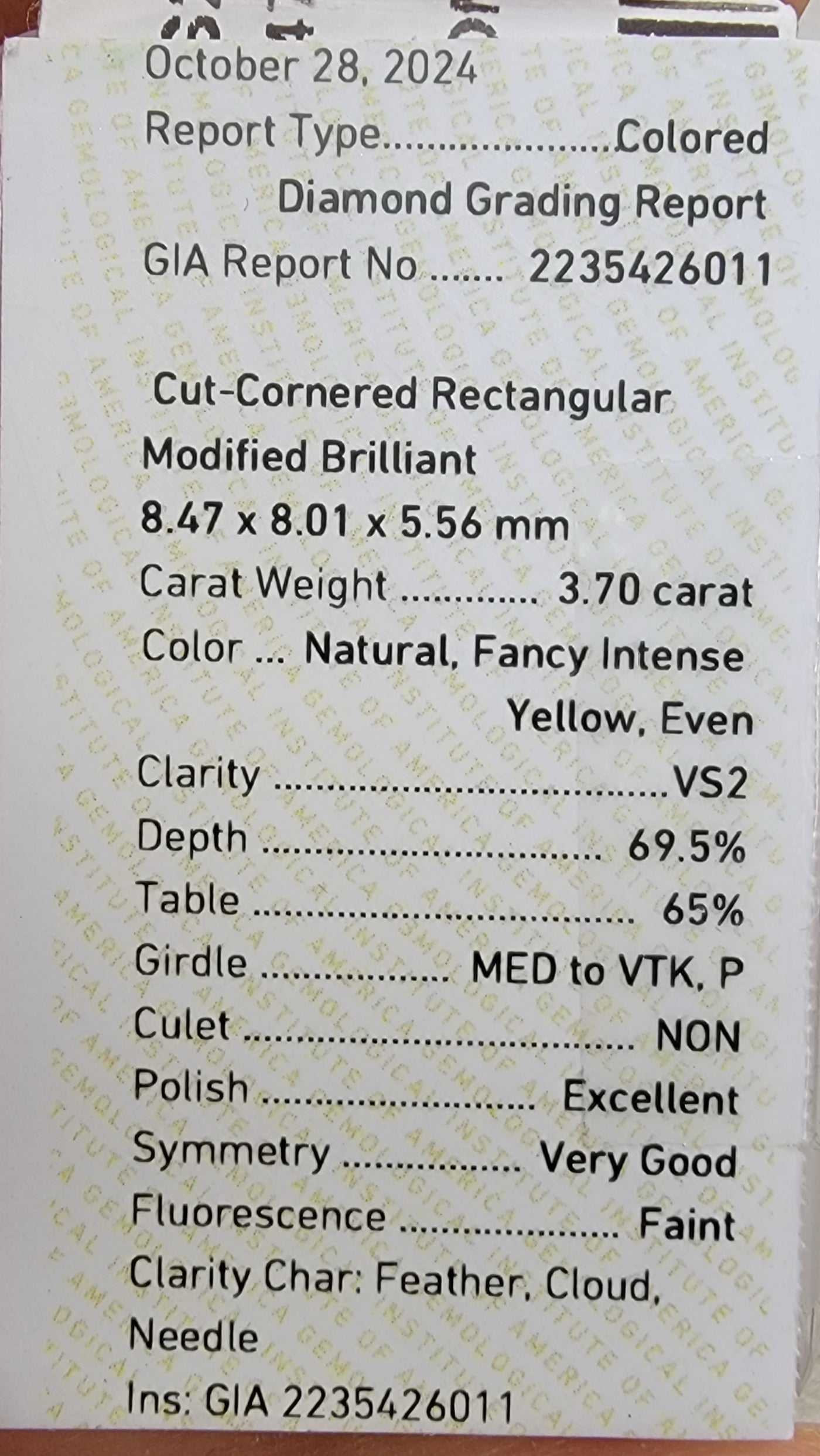 3.70ct Fancy Intense Yellow Radiant VS2 GIA