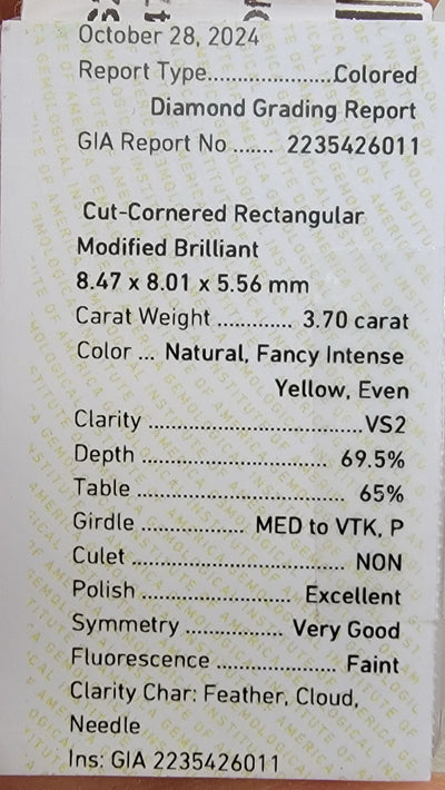 3.70ct Fancy Intense Yellow Radiant VS2 GIA