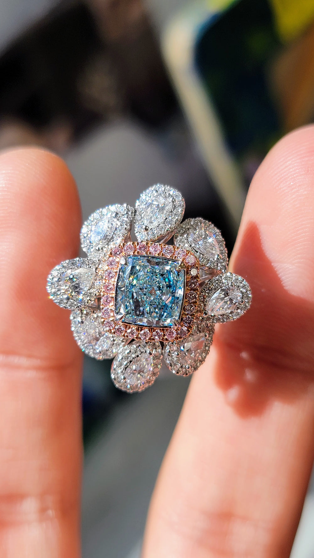 1.67ct Fancy Light Bluish Green Cushion Diamond Cocktail Ring SI1 GIA