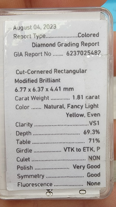 1.81ct Fancy Light Yellow Radiant VS1 GIA