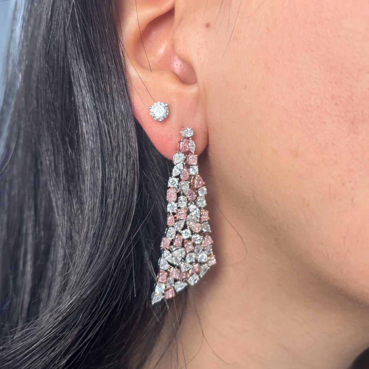 Mixed Shape Pink and White Diamond Chandelier Earrings