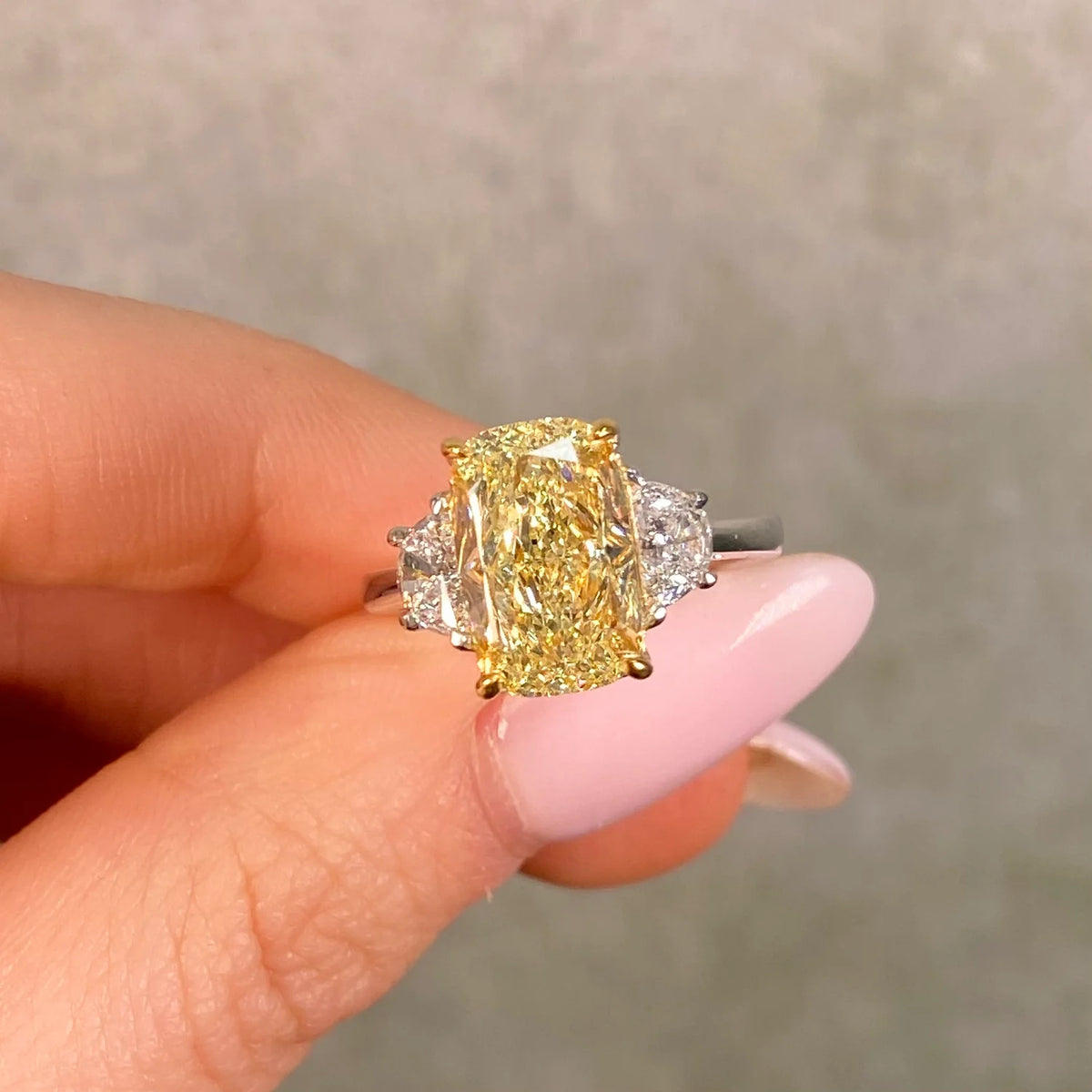 4.10ct Fancy Light Yellow Elongated Cushion Diamond VS1 Ring GIA