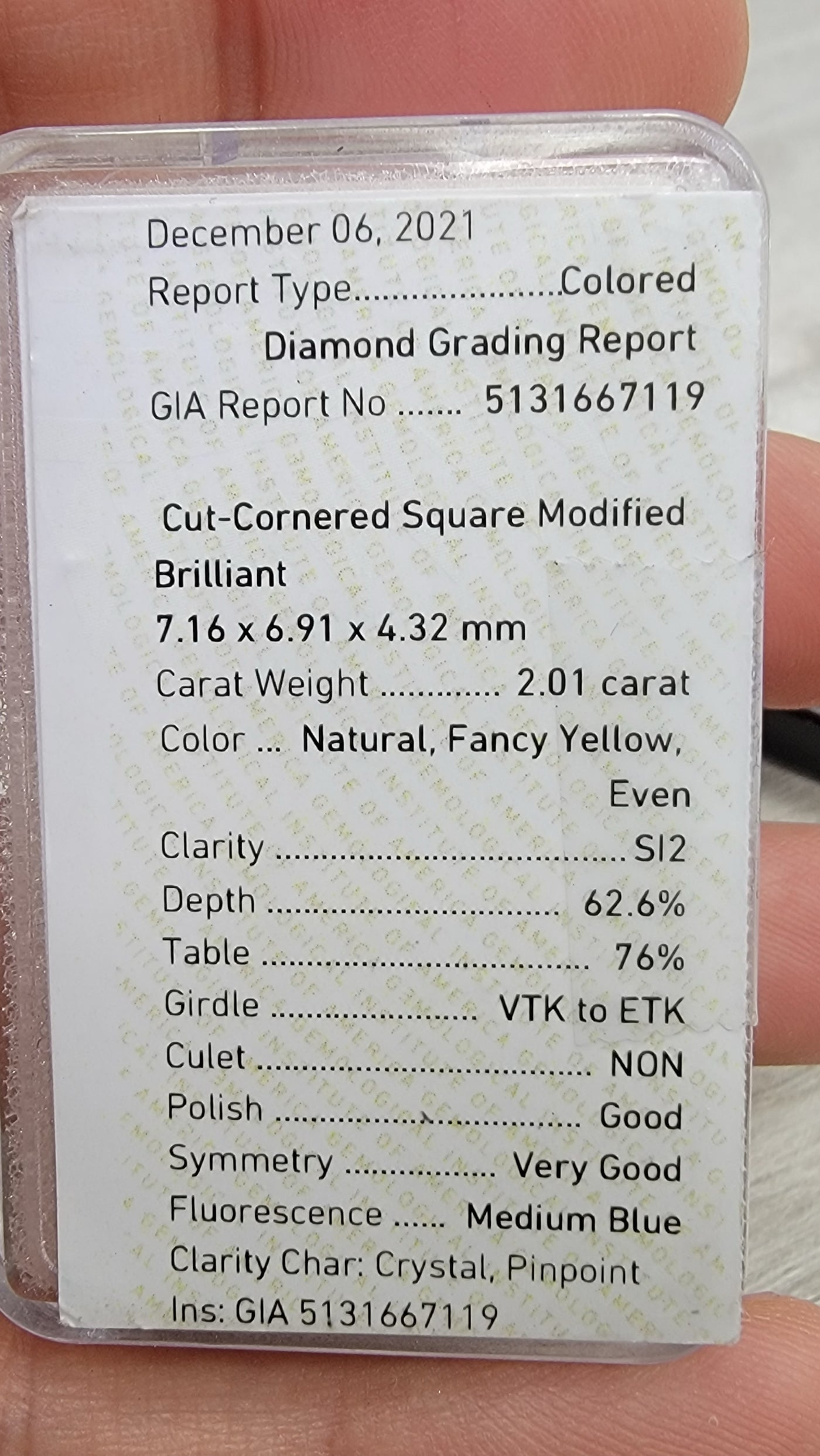 2.01ct Fancy Yellow Radiant SI2 GIA