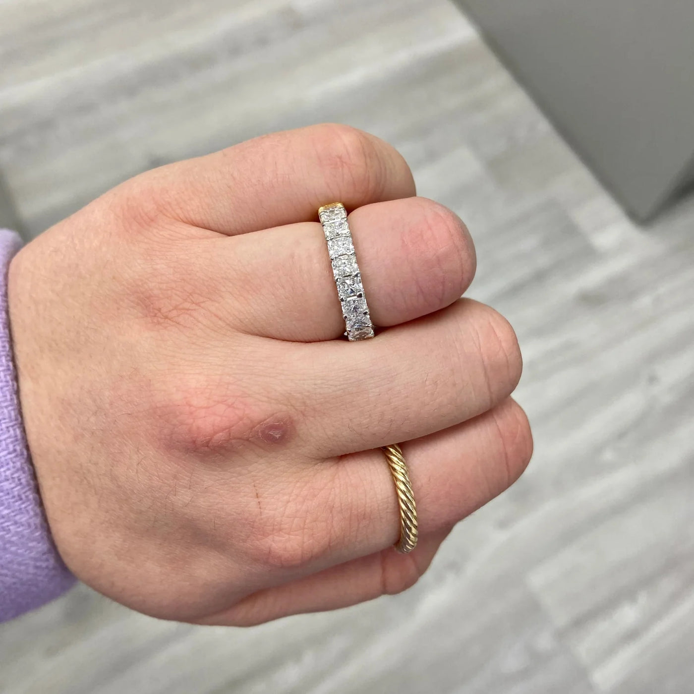 Half Yellow Half White Radiant Diamond Band