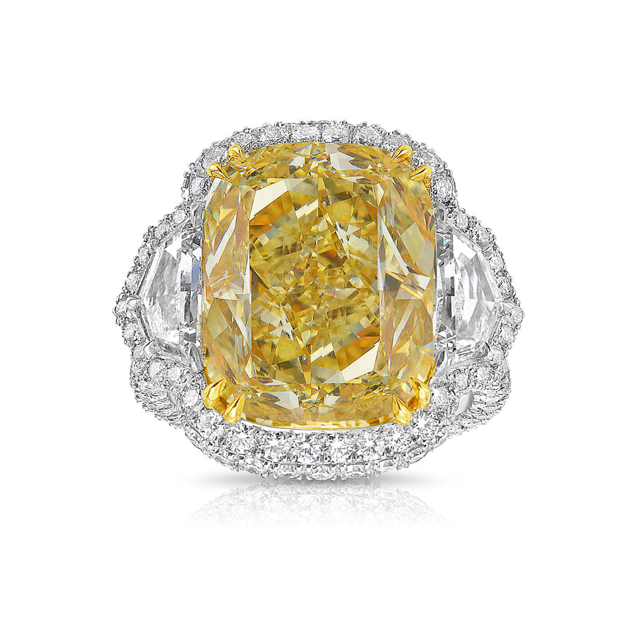 13.30ct Fancy Intense Yellow Elongated Cushion Diamond Internally Flawless Ring GIA