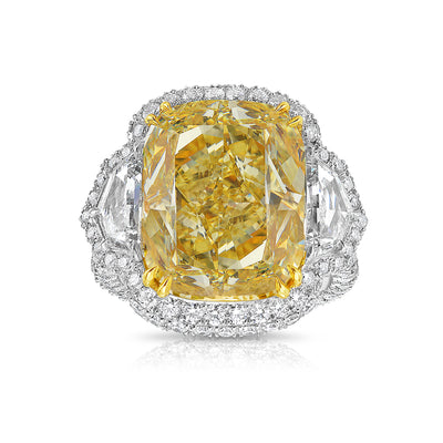 13.30ct Fancy Intense Yellow Elongated Cushion Internally Flawless GIA Ring