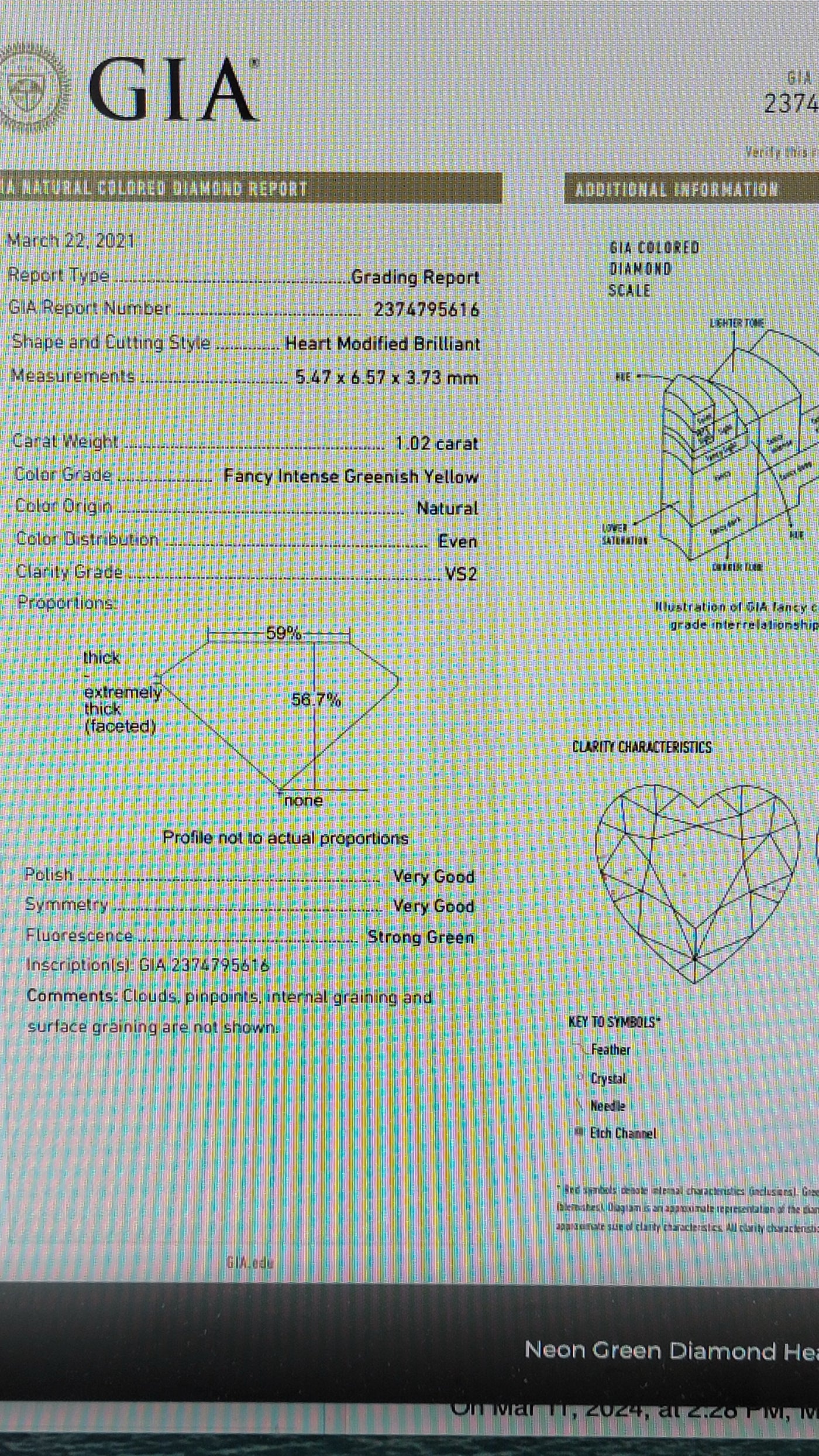 1.02ct Fancy Intense Greenish Yellow NEON Heart VS2 GIA Pendant