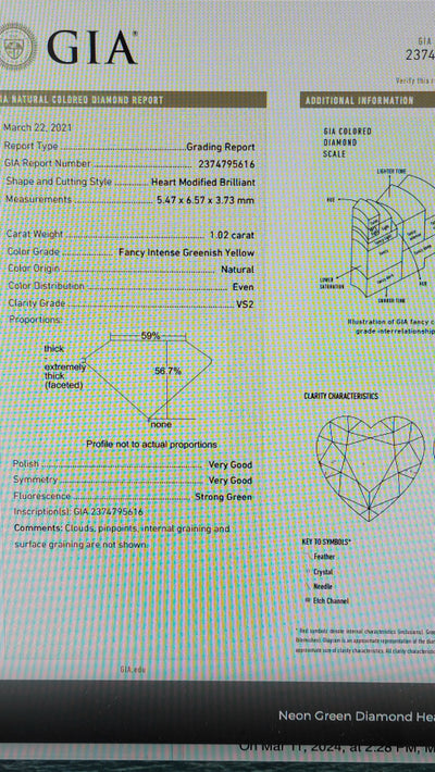 1.02ct Fancy Intense Greenish Yellow NEON Heart VS2 GIA Pendant