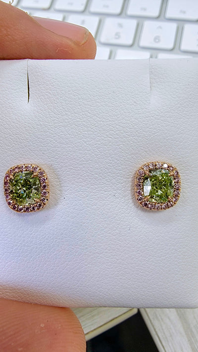 0.86ct & 0.87ct Fancy Yellow Green Cushions VS GIA Earrings