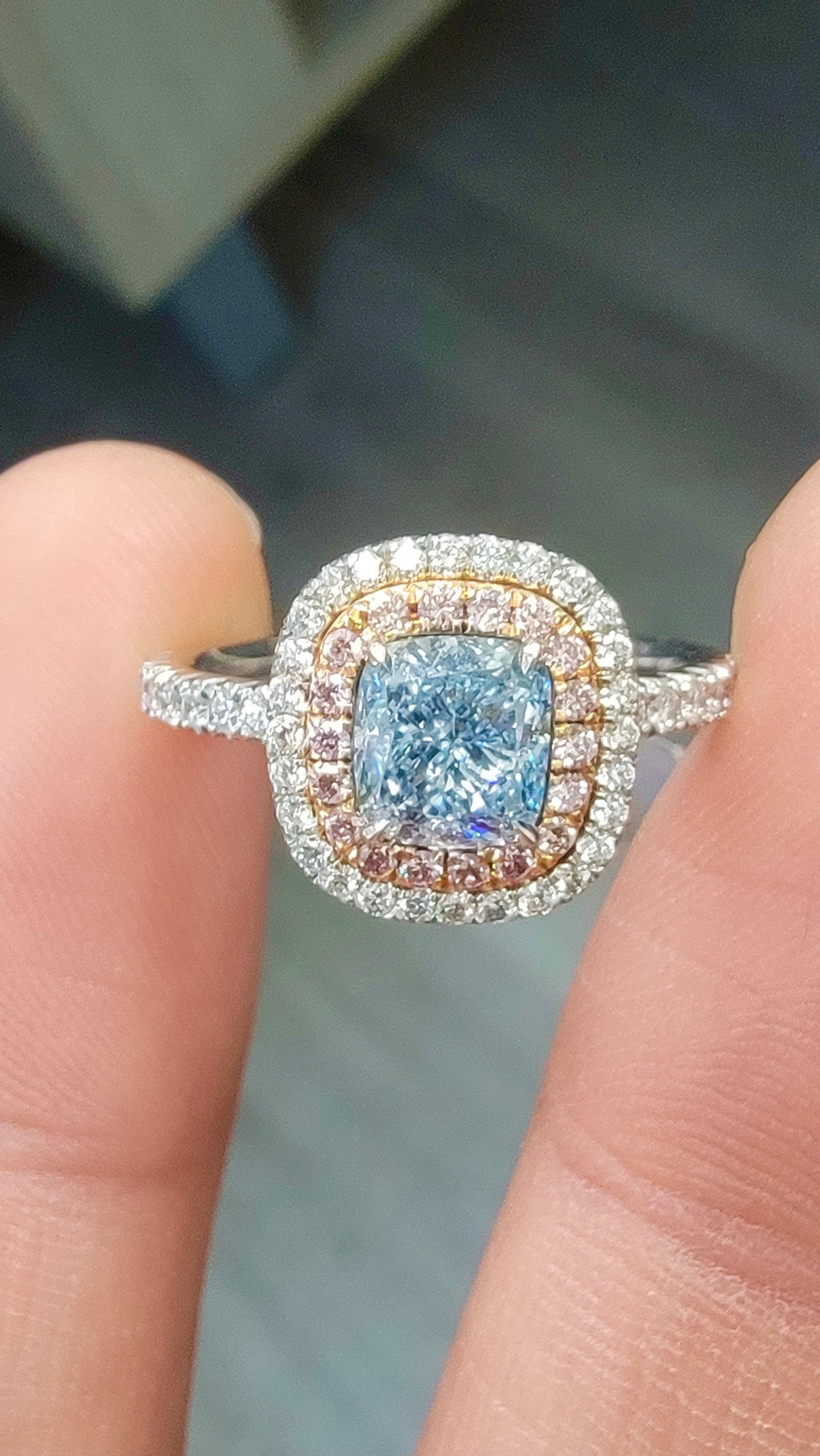 1.01ct Fancy Light Blue Cushion Diamond Ring SI1 GIA
