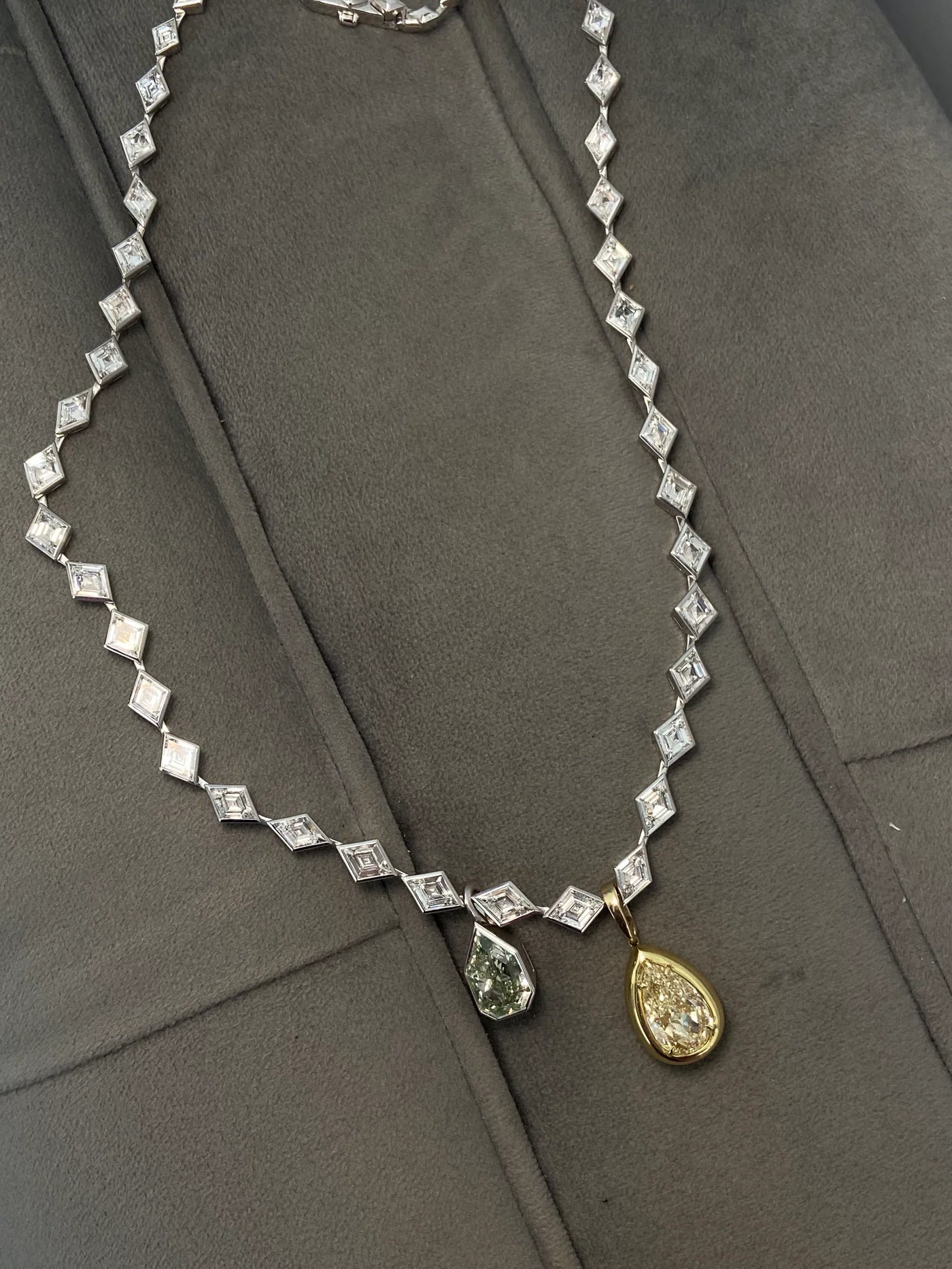 6.35ct Fancy Grayish Yellowish Green Lozenge GIA on Lozenge Bezel set Necklace