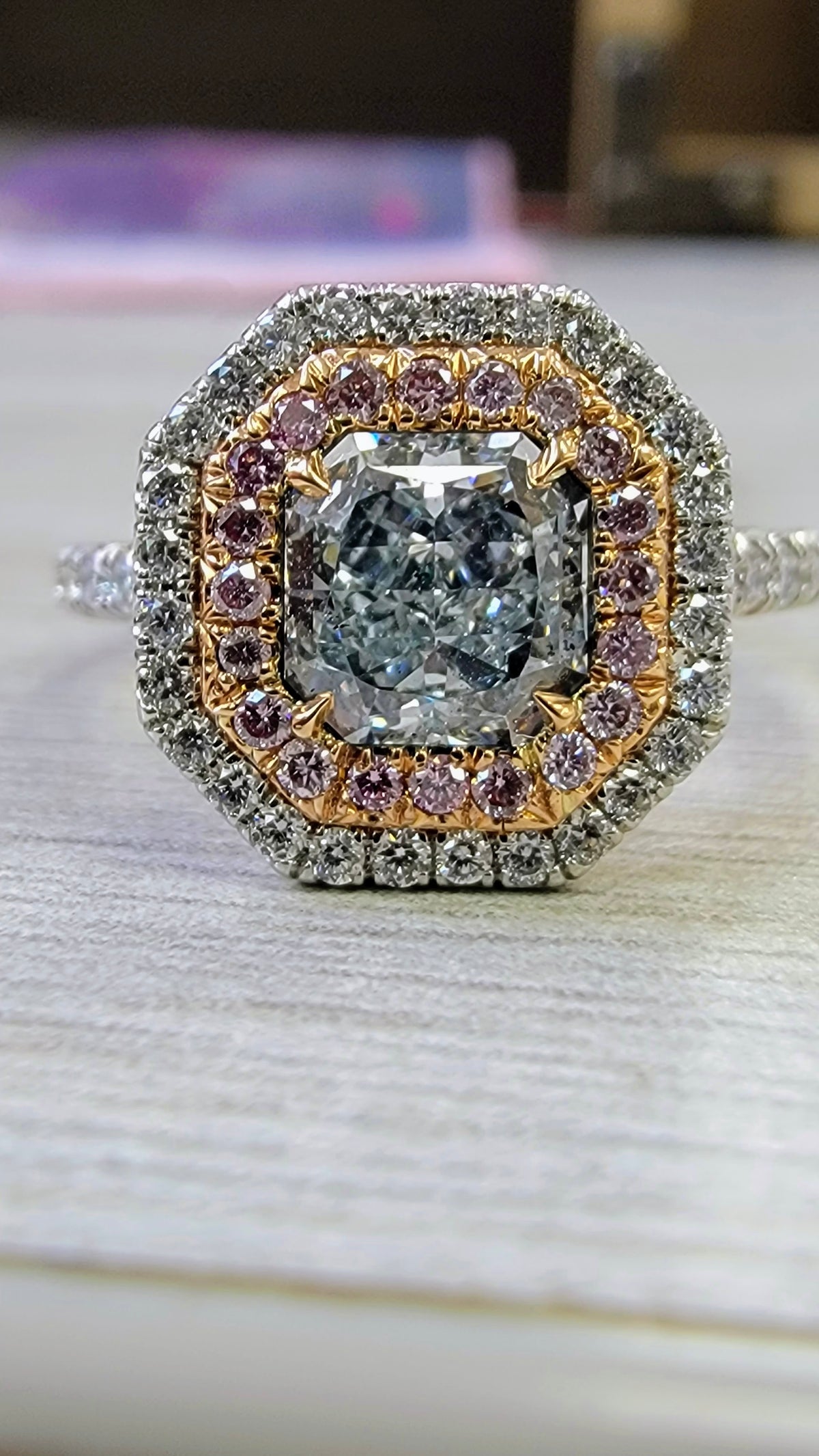 0.86ct Light Blue Radiant Diamond Ring VVS2 GIA