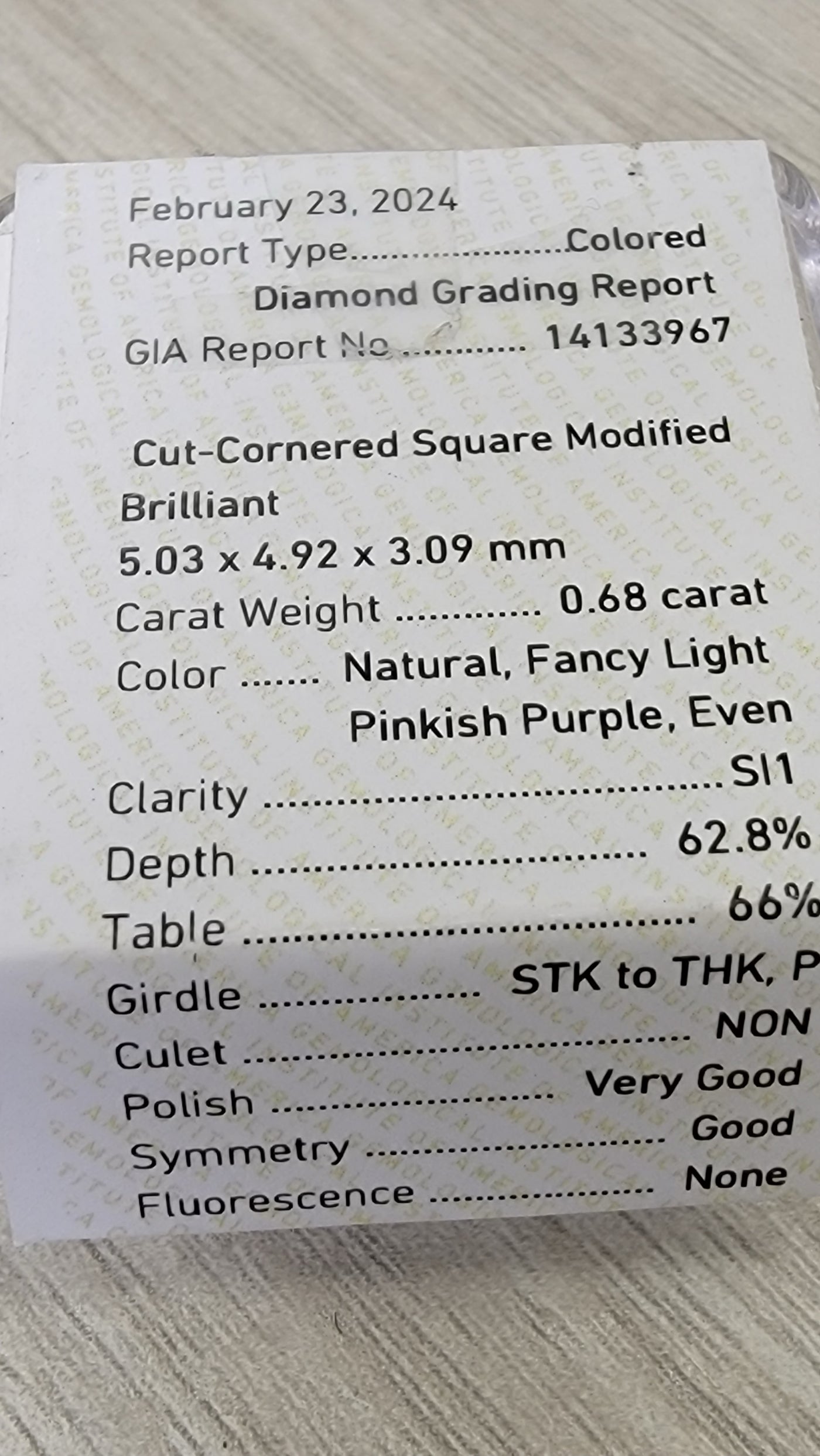 0.68ct Fancy Light Pinkish Purple Radiant SI1 GIA