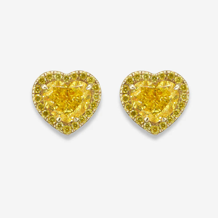 Fancy Intense Yellow Diamond Heart Halo Studs GIA