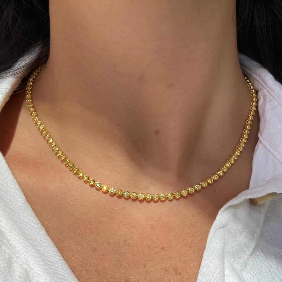 Fancy Intense Yellow Round Diamond Bezel Set Tennis Necklace