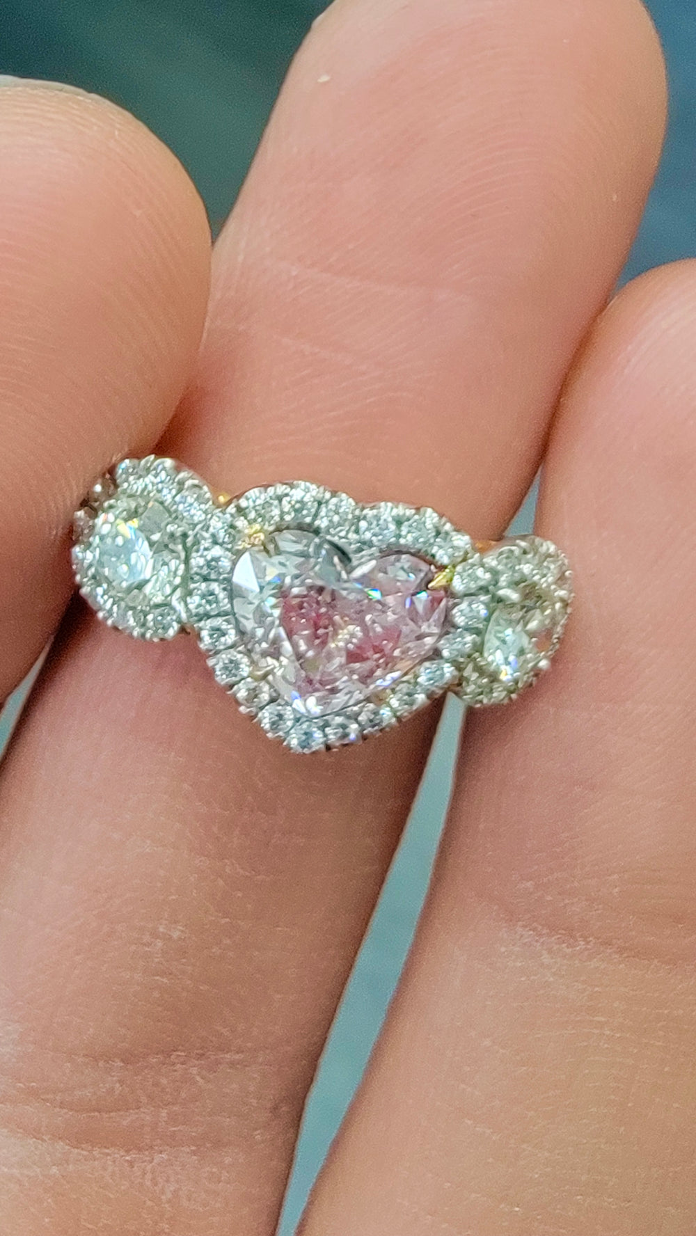1.37ct Light Pink Heart Diamond Three-Stone Halo Ring GIA