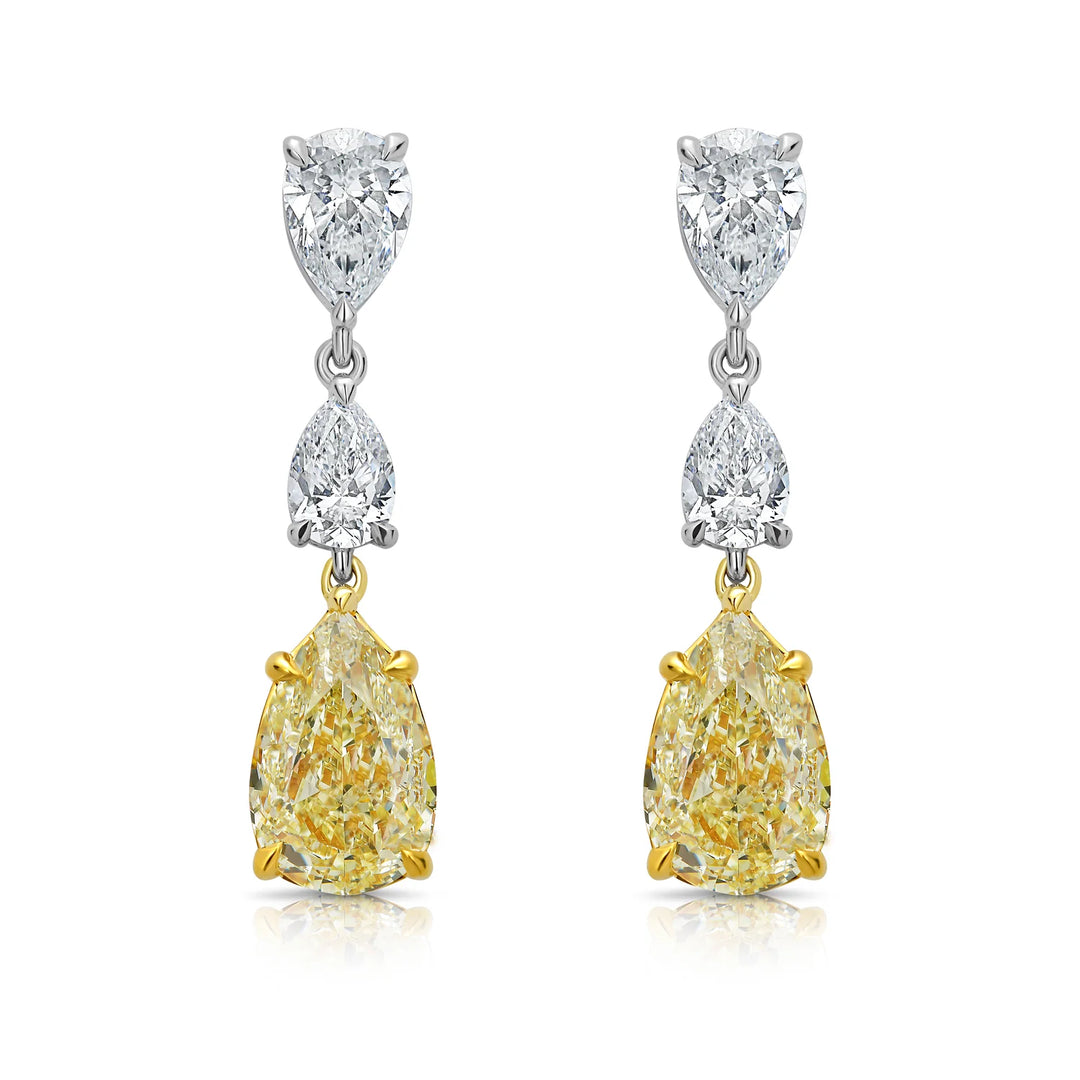 5.62ctw Yellow and White Pear Shape Diamond Drop Earrings in Platinum and 18k Gold