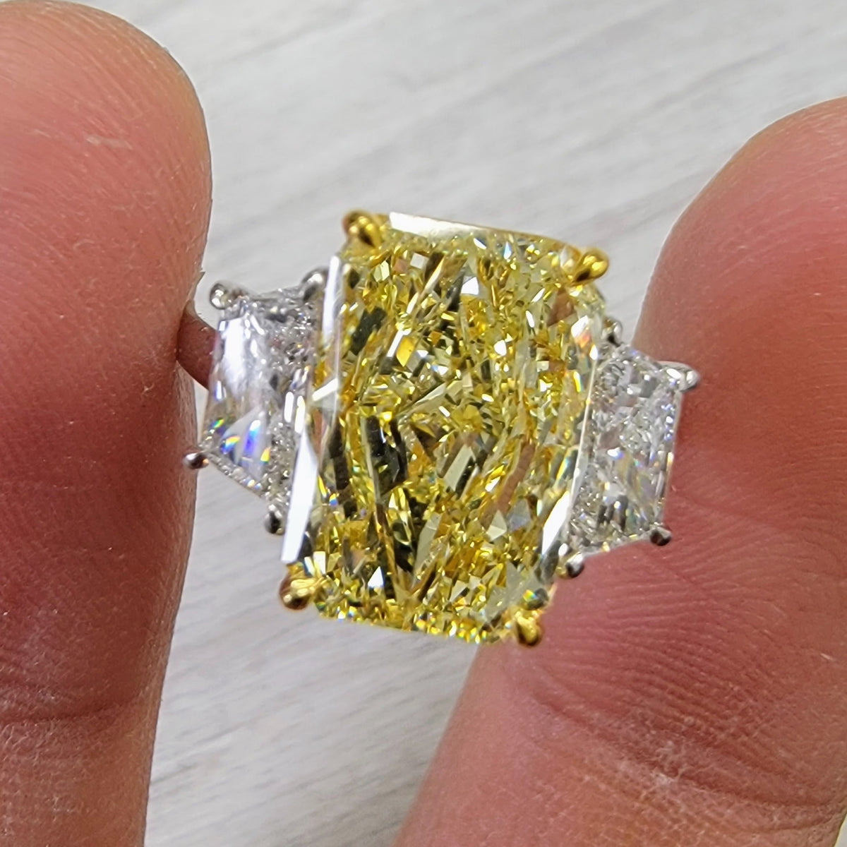 4ct Fancy Yellow Elongated Radiant Diamond Ring GIA