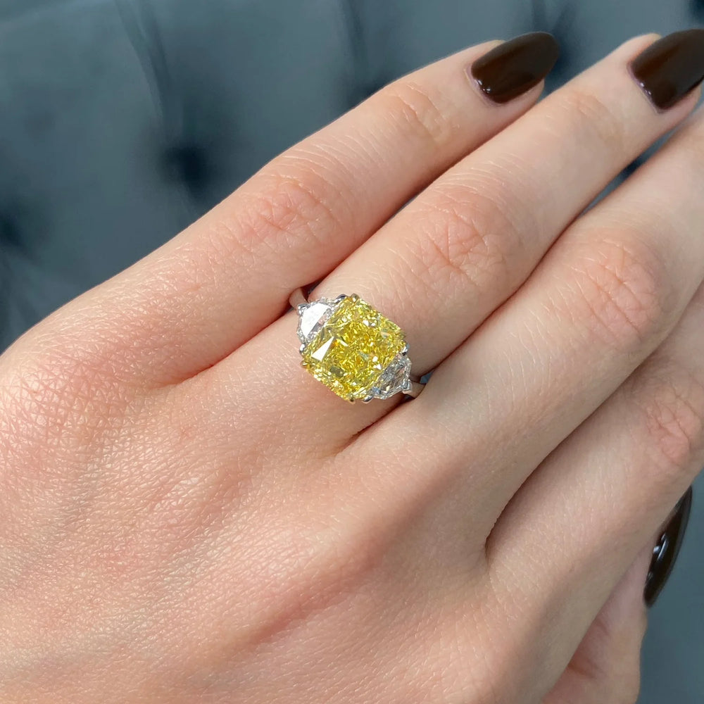 4ct Fancy Vivid Yellow Elongated Radiant Internally Flawless Diamond Ring GIA
