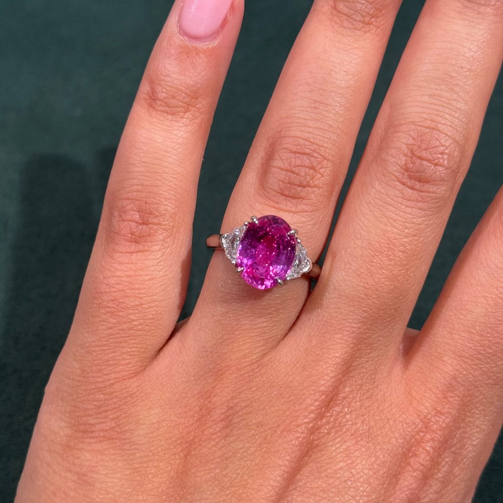 5ct Pink Sapphire Oval Three Stone Ring