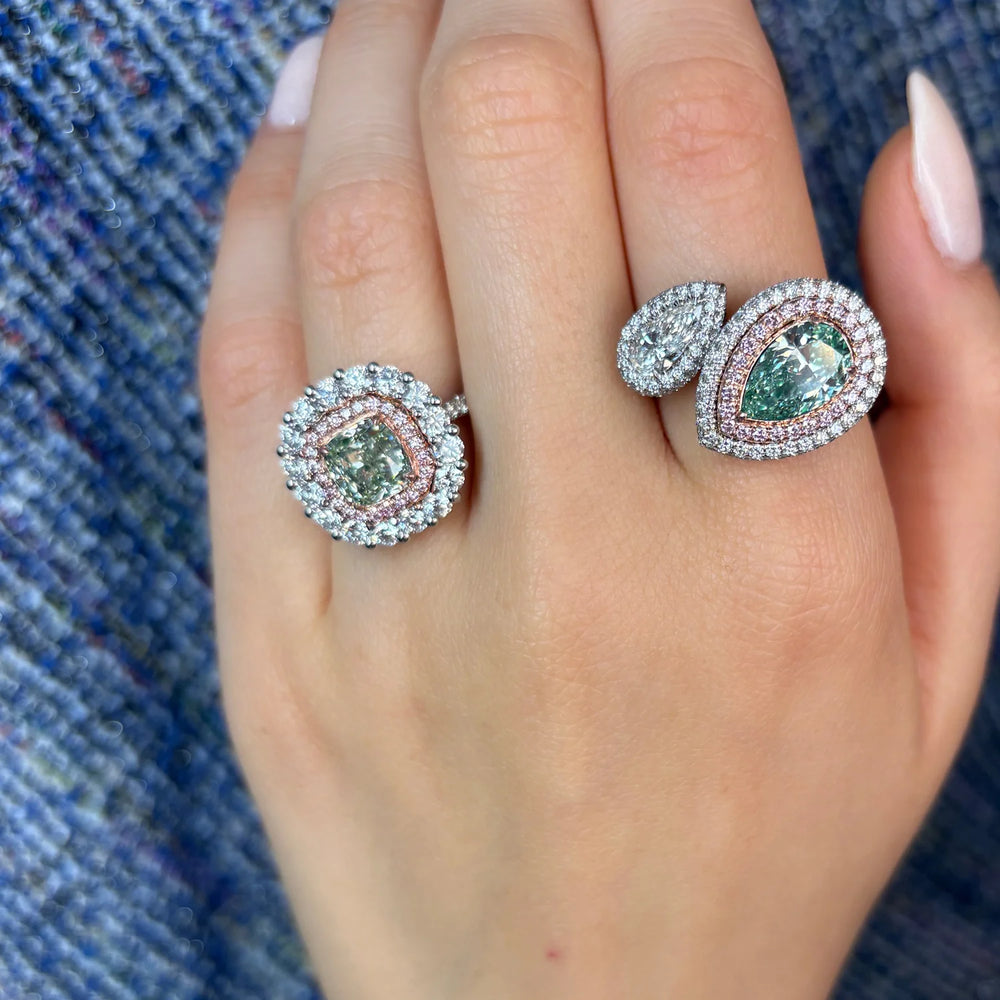 2.01ct Fancy Light Grayish Greenish Yellow Pear Diamond & White Diamond Bypass Ring