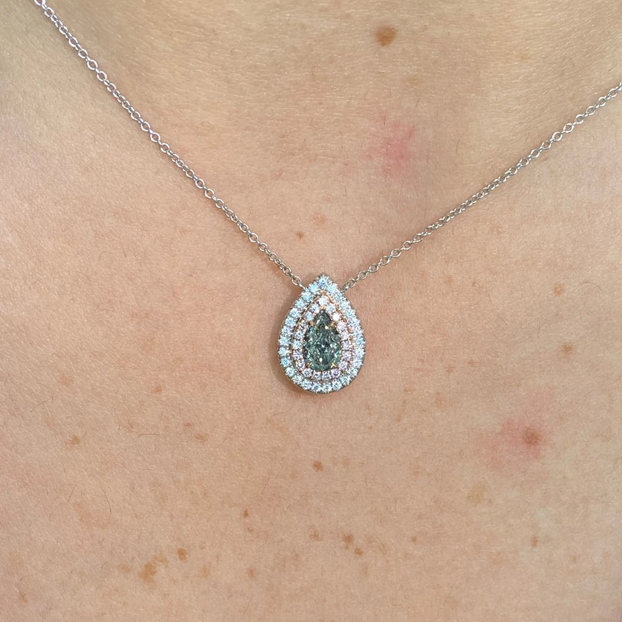0.68ct “CHAMELEON” Fancy Grayish Yellowish Green Pear Diamond Pendant VS1 GIA