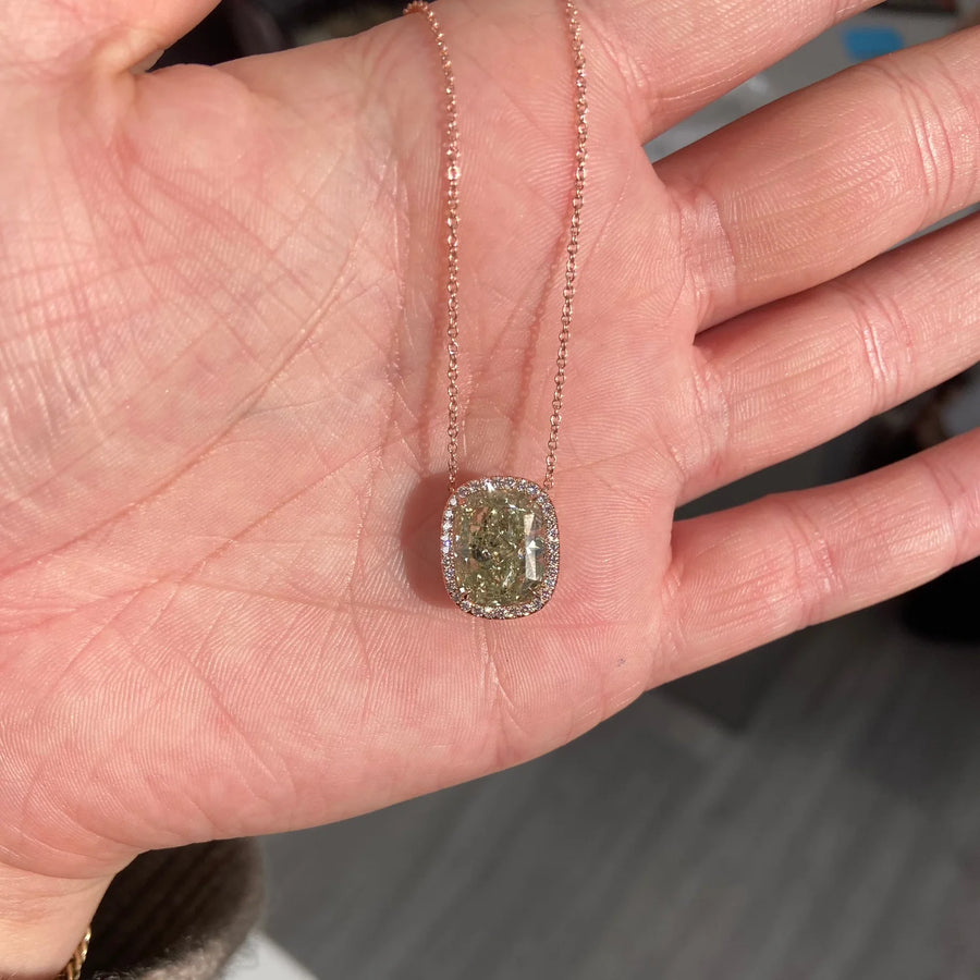 5.83ct Fancy Grayish Yellowish Green Cushion Diamond Pendant GIA