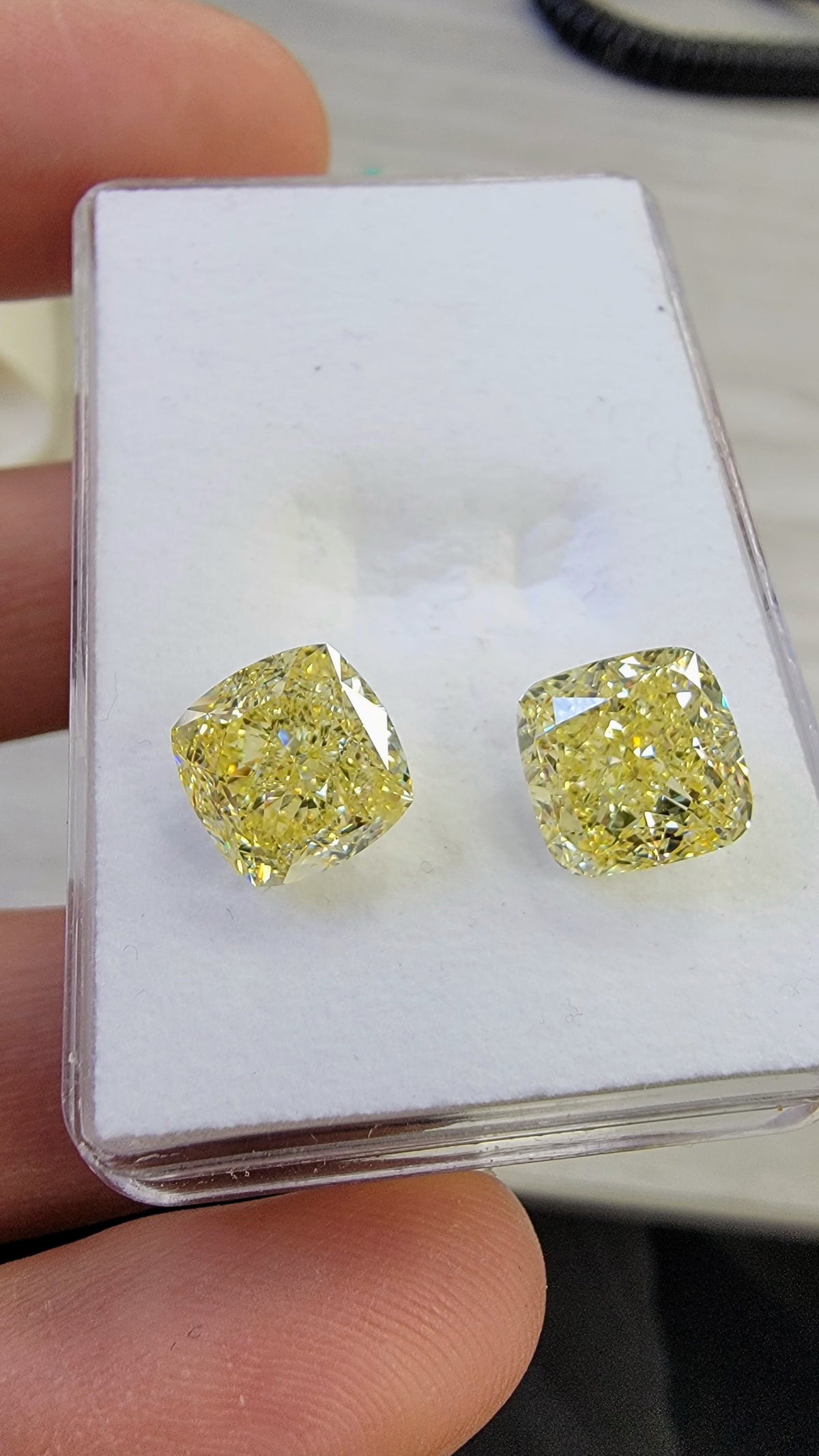 5.01ct & 5.02ct Fancy Yellow Cushion Diamonds GIA
