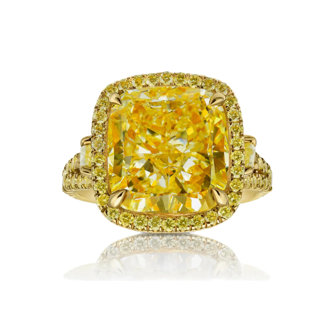 8.11ct Light Yellow Cushion Diamond Ring in 18k Yellow Gold with Pavé Accents