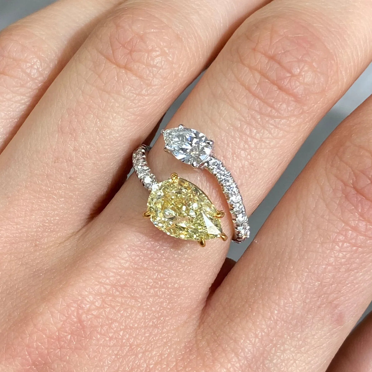 Yellow Pear Diamond and White Pear Diamond Spiral Ring